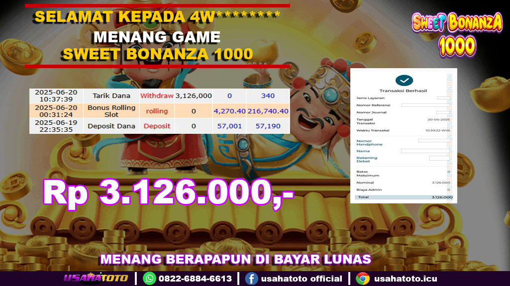 Bukti jp kemenangan slot game sweet bonanza 1000 20 juni 25