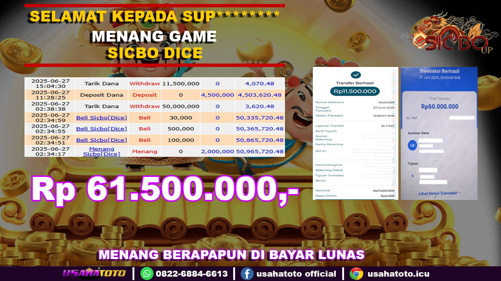 Bukti jp kemenangan game sicbp dice 27 juni 25