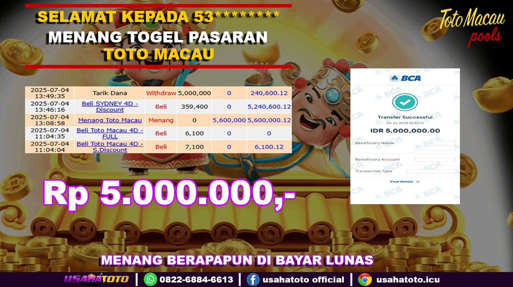 Bukti jp kemenangan togel pasaran toto macau 04 juli 2025
