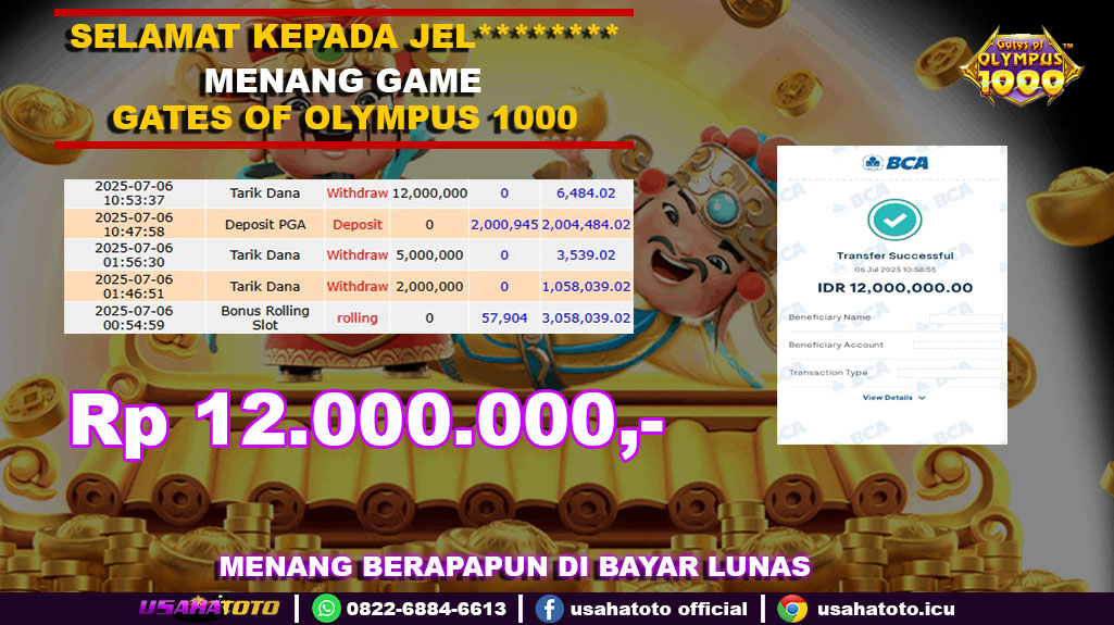 Bukti jpkemenangan slot game gates of olympus 1000 06 juli 25